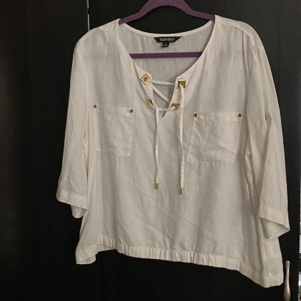 Ellen Tracy Cream Blouse with Gold Accents
